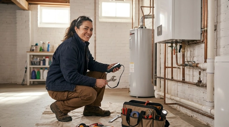 Plumber using a digital meter to test black iron gas piping connections and pressure in a utility room
