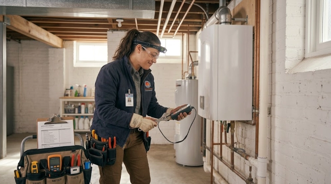 Heating technician inspecting and servicing a residential boiler system in Riverdale, Bronx